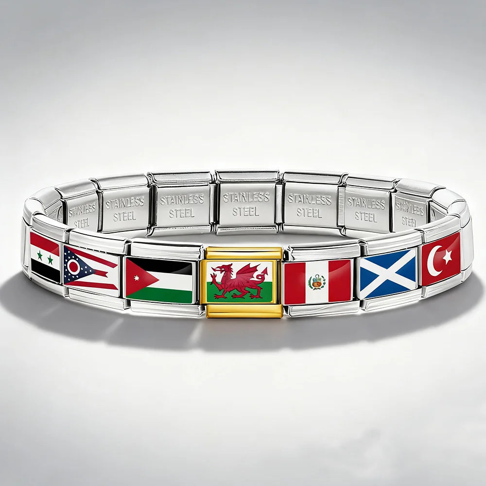 1pc Elastic Charm Chain World National Flag Italian Link fit 9mm Stainless Steel Bracelet DIY Making Jewelry Gifts Accessories